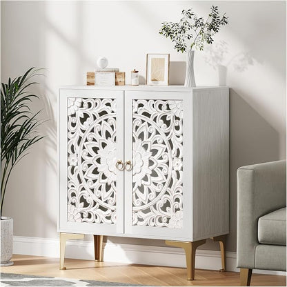 JOINICE 31.5" White Accent Cabinet with Carved Doors & Storage, Set of 2 | Carved Floral Design, Boho, Versatile Storage for Living Room & Bedroom & Hallway & TV Stand, Adjustable Shelf, Easy Assembly