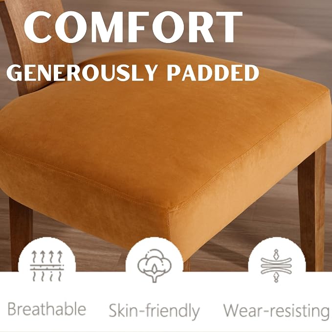 RIVOVA Set of 4 Modern Dining Chairs, Farmhouse Velvet Upholstered Dining Room Chairs Kitchen Chairs Side Armless Chairs with Curved Backrest Wood Legs, Yellow Brown