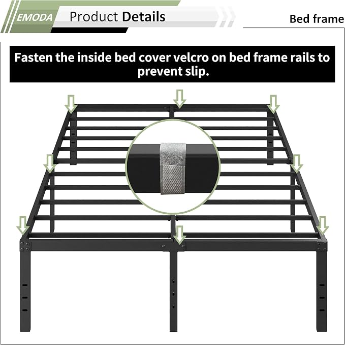 EMODA Queen Bed Frame with White Cover No Box Spring Needed, 18 Inch Heavy Duty Metal Platform BedFrame Queen Size with Steel Slats, Easy Assembly