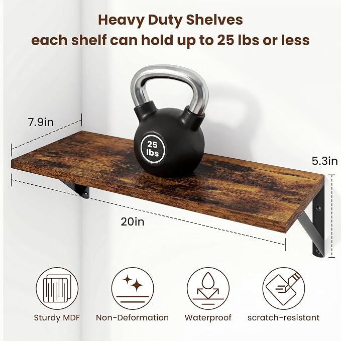 Axeman 20 Inch Floating Shelves | 8 Inch Deep Brown Wall Shelves Set of 2 | 20''W x 8''D Rustic Brown Wood Shelves for Bathroom Living Room Bedroom Kitchen