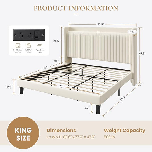 SHA CERLIN King Size Velvet Bed Frame with USB Charging Station, Wingback Storage Headboard, Upholstered Platform Bed with Wooden Slats Support, No Box Spring Needed, Easy Assembly, Cream White