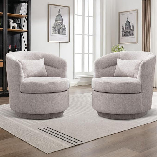 CANMOV Swivel Accent Chair Set of 2, 360 Degree Round Swivel Barrel Chair with Pillow, Upholstered Comfy Barrel Armchair Single Club Sofa Chair for Living Room, Bedroom, Reading Room, (Grey*2)