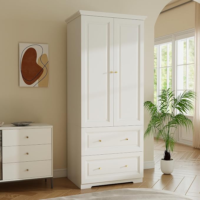 Armoire Wardrobe Closet with Drawers: 74" White Wardrobe Closet with 2 Doors, Tall Bedroom Armoires for Clothes, Wood Closets Cabinet for Hanging Clothes (31.5")