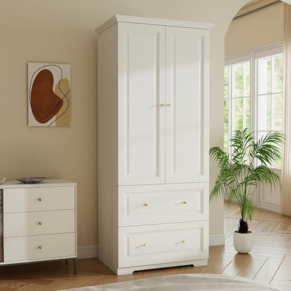Armoire Wardrobe Closet with Drawers: 74" White Wardrobe Closet with 2 Doors, Tall Bedroom Armoires for Clothes, Wood Closets Cabinet for Hanging Clothes (31.5")