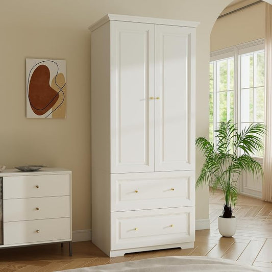 Armoire Wardrobe Closet with Drawers: 74" White Wardrobe Closet with 2 Doors, Tall Bedroom Armoires for Clothes, Wood Closets Cabinet for Hanging Clothes (31.5")