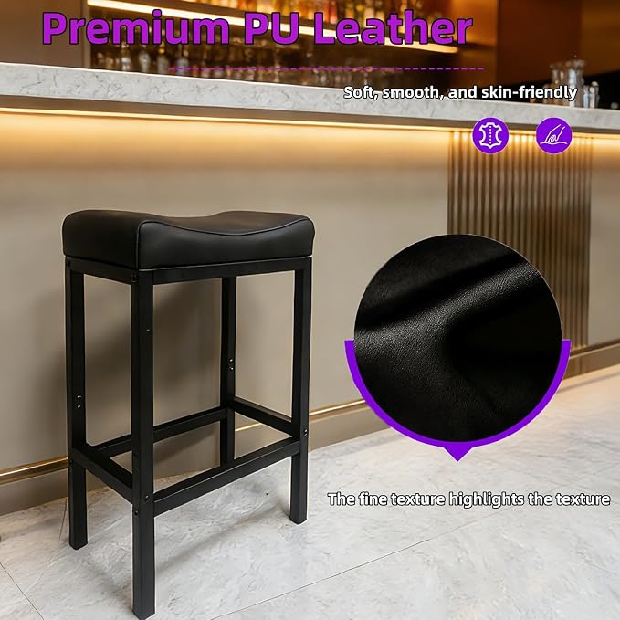 Bar Stools Set of 2, 30 Inch Backless Counter Height Bar Stools with Soft Faux Leather Seat, 300 LB Heavy Duty Padded Saddle Barstool Chair for Modern Kitchen Island Counter (Black)