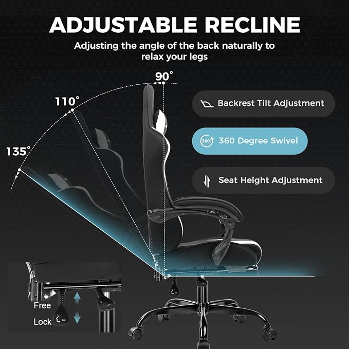 GTPLAYER Gaming Chair, Computer Chair with Footrest and Lumbar Support, Height Adjustable Game Chair with 360°-Swivel Seat and Headrest and for Office or Gaming (Fabric, Black White)