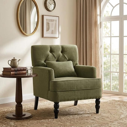 HUIMO Accent Chair for Living Room, Tufted Upholstered Club Chair with Lumbar Pillow, Vintage Reading Armchair with Solid Wood Legs for Bedroom Apartment, Olive Green
