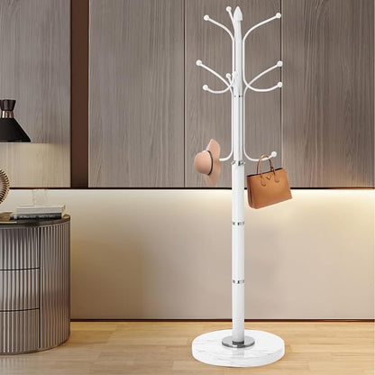 Modern Metal Coat Rack Stand, Coat Rack Freestanding with Natural Marble Base, Sturdy Heavy Duty Coat Racks with 12 Hooks, Coat Hall Tree Stand for Entryway, Office (12 HOOKS-White)