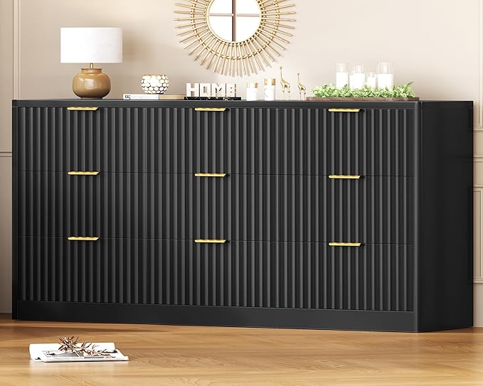 TEENFON Fluted Dresser for Bedroom with 9 Drawers, 63" Wide Modern Chest of Drawers with Metal Handle & Curved Profile Design, Wood Closet Clothes Storage Organizer for Living Room, Hallway, Black