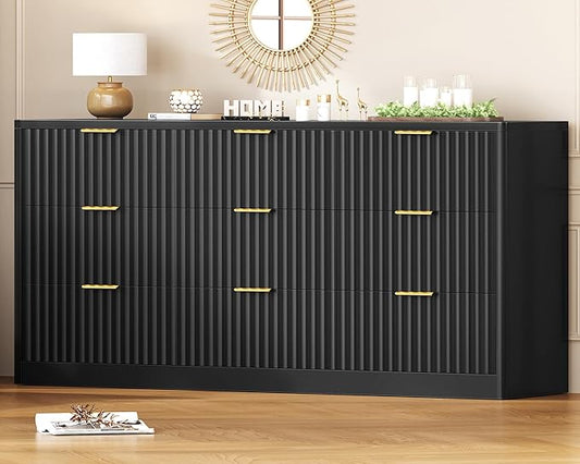 TEENFON Fluted Dresser for Bedroom with 9 Drawers, 63" Wide Modern Chest of Drawers with Metal Handle & Curved Profile Design, Wood Closet Clothes Storage Organizer for Living Room, Hallway, Black