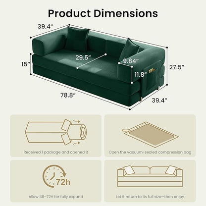 78.8" Convertible Sofa Bed,Corduroy Futon Couch with Storage Pocket,Folding Pull Out Futon Sofa,No Assembly Boneless Couch for Living Room, Forest Green