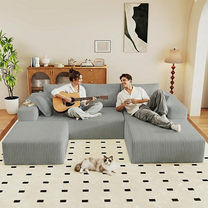 95" Cloud Sectional Couch U-Shaped Chaise with Ottoman, Corduroy Boneless Couch for Living Room Bedroom, Deep-Seat Upholstered Modular Cloud Sofa, No Assembly Required (Light Grey,Right Facing Chaise)