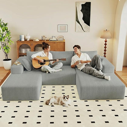 95" Cloud Sectional Couch U-Shaped Chaise with Ottoman, Corduroy Boneless Couch for Living Room Bedroom, Deep-Seat Upholstered Modular Cloud Sofa, No Assembly Required (Light Grey,Right Facing Chaise)