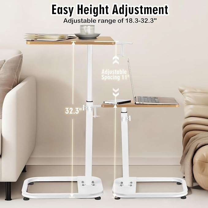 facka Adjustable C-Shaped End Table for Couch & Bed, Adjustable Height TV Tray, Stable Laptop Desk, Space-Saving Snack Side Table with Rounded Metal Corners