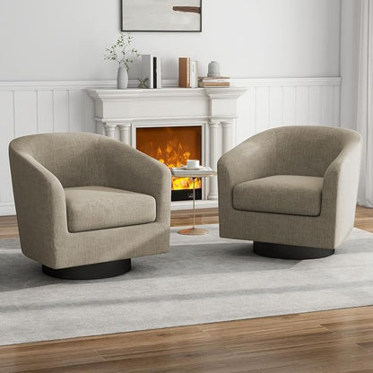 Swivel Barrel Accent Chairs Set of 2, Fabric Upholstered Armchair Comfy Club Chair for Living Room, Modern Bedroom Single Sofa Reading Seat, Light Brown
