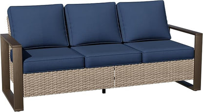 Joyside Outdoor Patio Wicker Sofa, 3-Seater Rattan Sofa with Thick Olefin Cushions and Metal Steel Rectangular Framed Armrest -Looking Metal Armrest Suitable for Garden, Backyard, Porch, Deck, Blue
