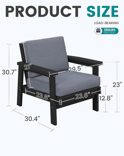 SERWALL Patio Furniture Set with 33” Fire Pit Table, HDPE Outdoor Sectional Sofa Set with Thickened Cushions, Black Frame with Grey Cushions