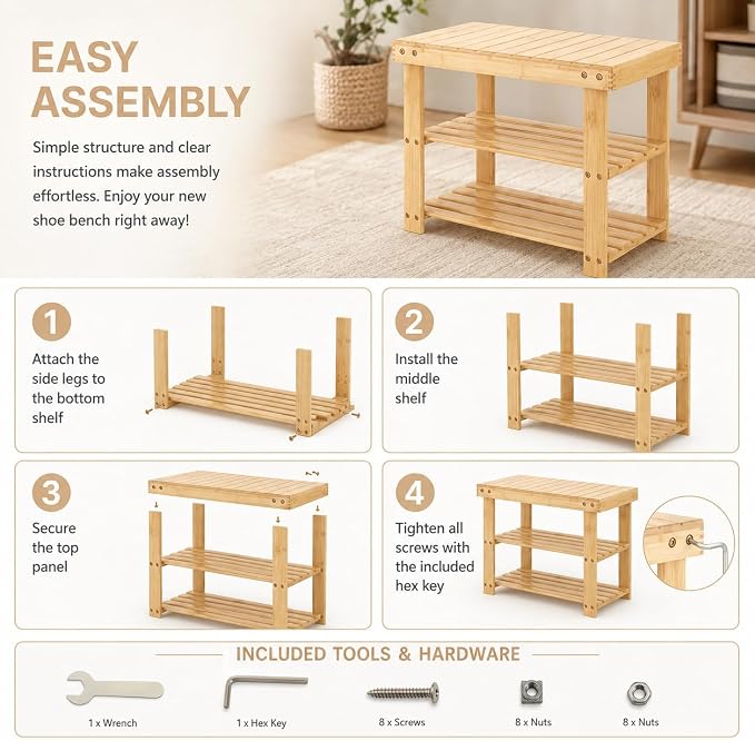 Shoe Rack Bench, 3-Tier Shoe Storage Organizer for Entryway , Shoe Shelf for Small Spaces, Multi-Functional Side Table Plant Stand, Shoe Stand for Bedroom, Living Room, Closet, Front Door, Natural