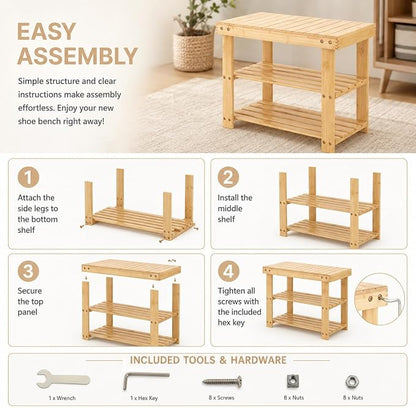 Shoe Rack Bench, 3-Tier Shoe Storage Organizer for Entryway , Shoe Shelf for Small Spaces, Multi-Functional Side Table Plant Stand, Shoe Stand for Bedroom, Living Room, Closet, Front Door, Natural
