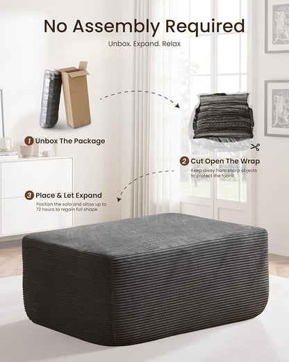37" Plush Boneless Ottoman, Upholstered Cloud Footrest for Boneless Couch in a Box,Oversize Poufs for Living Room & Bedroom Sofa Ottoman,Comfy Seating with Dense Foam, Grey (Corduroy Fabric)
