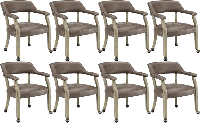 LEEMTORIG Set of 8 Dining Chairs with Casters and Arms, Rolling Dining Chairs with Wheels for Elderly, Ergonomic Wide Seat Wooden Office Desk Chairs, 26"D x 25.2"W, Grey Legs & Dark Brown SY-1318-DK