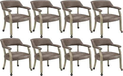 LEEMTORIG Set of 8 Dining Chairs with Casters and Arms, Rolling Dining Chairs with Wheels for Elderly, Ergonomic Wide Seat Wooden Office Desk Chairs, 26"D x 25.2"W, Grey Legs & Dark Brown SY-1318-DK