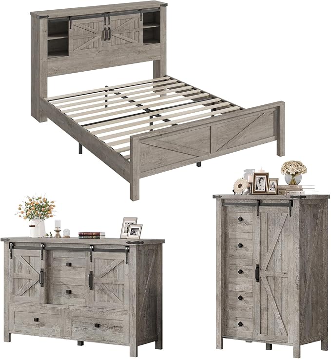 AMERLIFE 3-Piece Farmhouse Bedroom Set, Queen Size Bed with Sliding Barn Doors & Bookcase Headboard, 5-Drawer Tall Dresser, 4-Drawer Wide Dresser, Light Rustic Oak