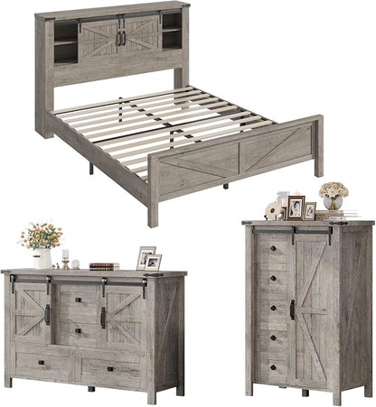 AMERLIFE 3-Piece Farmhouse Bedroom Set, Queen Size Bed with Sliding Barn Doors & Bookcase Headboard, 5-Drawer Tall Dresser, 4-Drawer Wide Dresser, Light Rustic Oak
