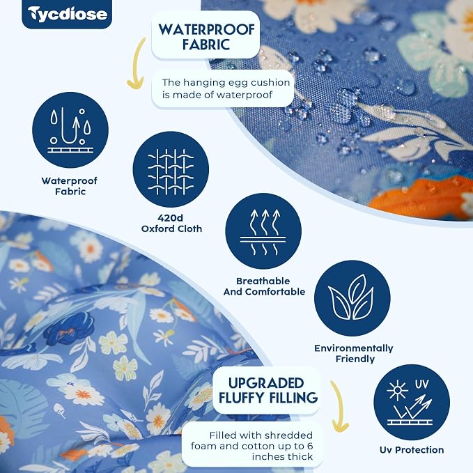 Outdoor Hanging Egg Chair Cushion Replacement, Extra Large Waterproof Egg Swing Cushions with Headrest Pillow and Ties, U-Shaped Thickened Cushion for Hanging Eggs Chair (Blue Floral)