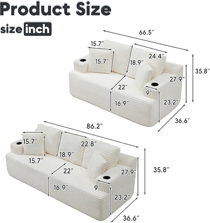 Boneless Sofa Couch Set with Cup Holders & Side Pockets, Modern Corduroy Fabric Upholstered 3-seat Couch & Loveseat Set with 4 Throw Pillows for Living Room, Office, No Assembly (Beige)