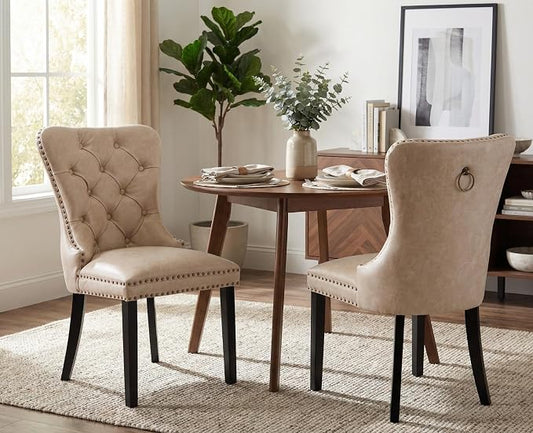 CIMOTA Beige Leather Dining Chairs Set of 2 Mid Century Modern Dining Room Chairs Tufted Upholstered Kitchen Dining Chairs Comfortable Side Chairs with Nailhead Trim/Ring Back (PU /2PCS)