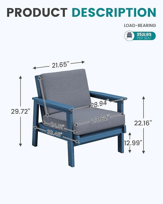 SERWALL HDPE Outdoor Couch Set of 2, Blue Frame and Grey Cushion