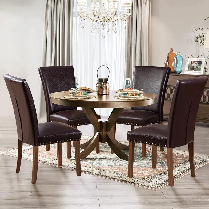 Parsons Dining Chairs Set of 6, Upholstered Nailhead PU Leather Dining Room Kitchen Side Chair with Thick Cushions and Wood Legs, Dark Brown