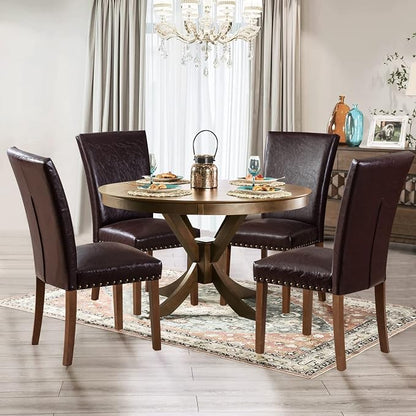 Parsons Dining Chairs Set of 6, Upholstered Nailhead PU Leather Dining Room Kitchen Side Chair with Thick Cushions and Wood Legs, Dark Brown