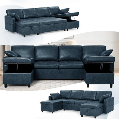 110 inches Suede Leather Sleeper Sofa w/Pull Out Bed, U-Shape Sectional Sofa Bed w/Adjustable Backrest and Storage Chaises, 4-Seats Upholstered Sofa Bed w/USB Port for Living Room, Blue