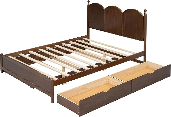 Merax Queen Size Platform Bed with 2 Storage Drawers and Twin XL Size Trundle, Rustic Design Wooden Bed Frame, Walnut