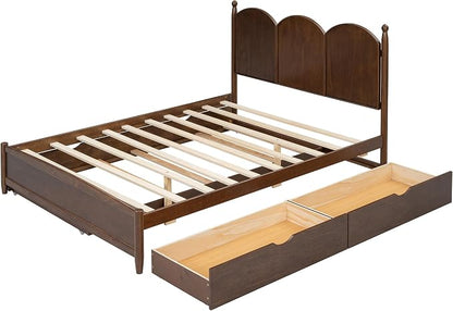Merax Queen Size Platform Bed with 2 Storage Drawers and Twin XL Size Trundle, Rustic Design Wooden Bed Frame, Walnut