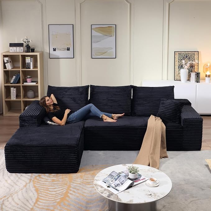 107" Cloud Sectional Couch with L-Shape Chaise, Modern Modular Comfy Sofa with Deep Seat, Upholstered Corduroy Couches Sleeper Chaise Longue for Living Room Bedroom, No Assembly Required, Black