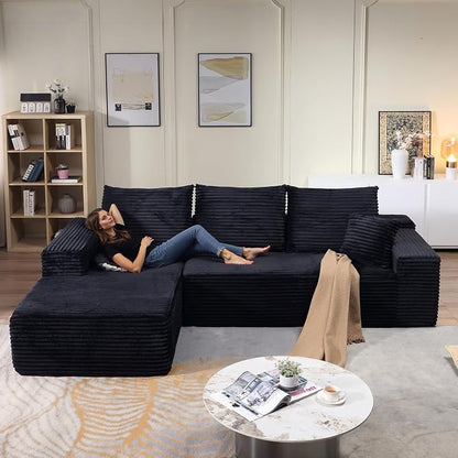 107" Cloud Sectional Couch with L-Shape Chaise, Modern Modular Comfy Sofa with Deep Seat, Upholstered Corduroy Couches Sleeper Chaise Longue for Living Room Bedroom, No Assembly Required, Black