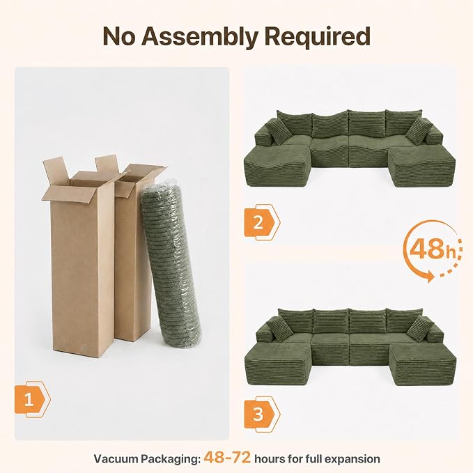 Claiks 120" Boneless Couch, Cloud Couch Sectional, U-Shape Corduroy Modular Sectional Sofa Deep Seat, Upholstered Couches for Living Room, No Assembly Required, Green