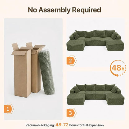 Claiks 120" Boneless Couch, Cloud Couch Sectional, U-Shape Corduroy Modular Sectional Sofa Deep Seat, Upholstered Couches for Living Room, No Assembly Required, Green