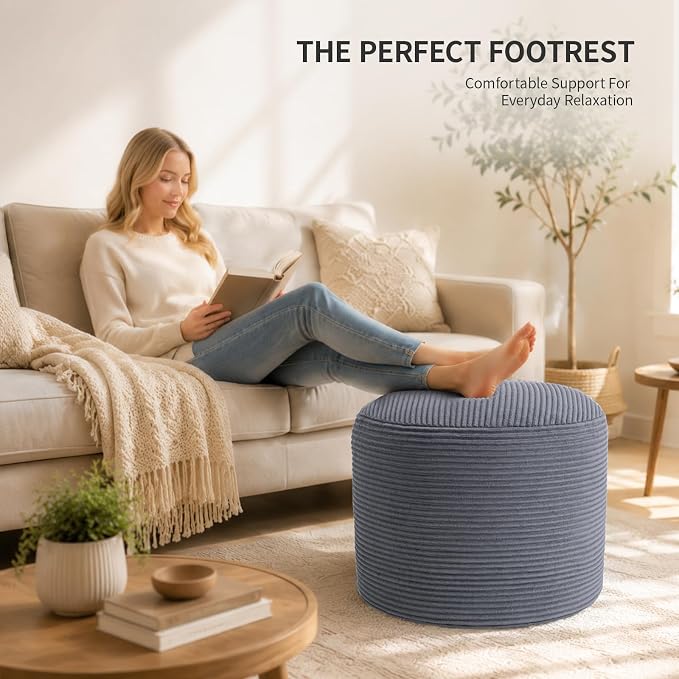 Stuffed Pouf Ottoman Foot Rest with 2.8-inch Solid Foam Base | Odorless Filling Resists Clumping, Washable Corduroy Cover, Round Foot Stool for Living Room Couch Lounging and Home Decor