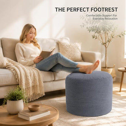 Stuffed Pouf Ottoman Foot Rest with 2.8-inch Solid Foam Base | Odorless Filling Resists Clumping, Washable Corduroy Cover, Round Foot Stool for Living Room Couch Lounging and Home Decor