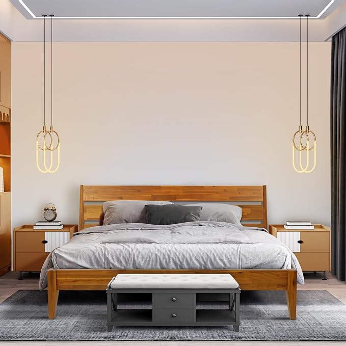 Acacia Emery Bed Frame with Headboard Solid Wood Platform Bed, Queen Size Bed Frame, Mid - Century Modern Wood Bed Compatible with All Mattresses, Easy Assembly, Non-Slip, Caramel.