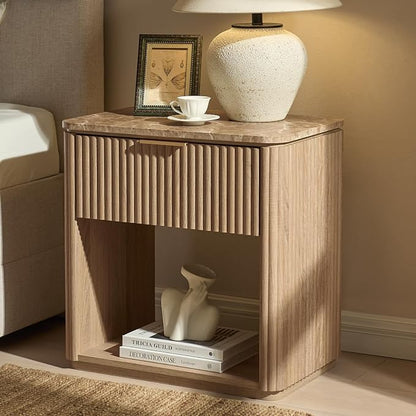 Fluted Nightstand with Faux Marble Top, Modern Bedside Table | FSC-Certified Engineered Wood, 24" H, 1 Drawer and 1 Storage Shelf, Rounded Corner, Metal Handle, for Bedroom, Natural Oak