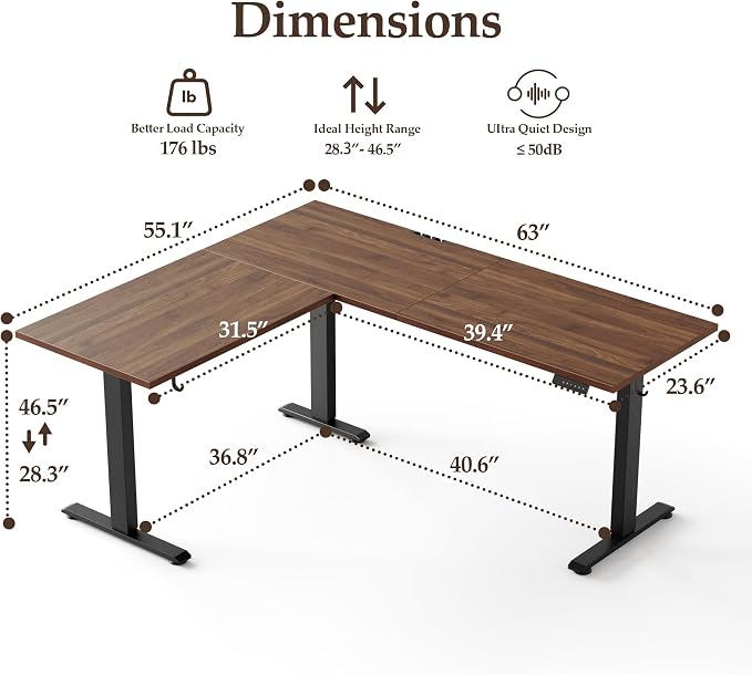 Klicelor L Shaped Standing Desk 63 x 55.1 Inch Dual Motors, Electric Height Adjustable Corner Desk for Home Office Workstation, Ergonomic Sit Stand Computer Table with Memory Controller, Dark Walnut