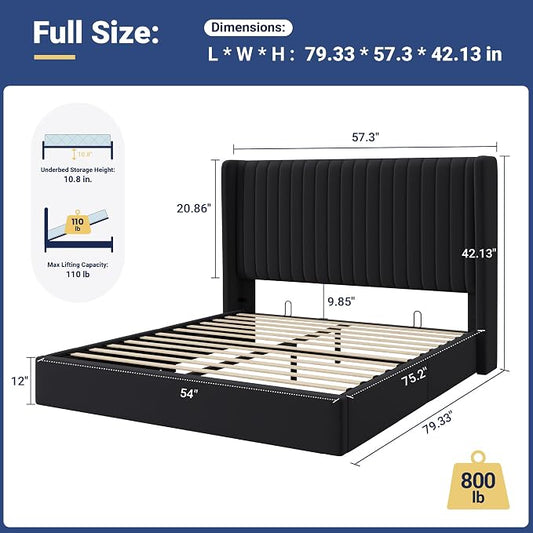 Allewie Full Size Lift Up Storage Bed Frame, Hydraulic Support System, Upholstered Platform Bed Frame, Underneath Storage, Vertical Channel Tufted Headboard with Wingback, No Box Spring Needed, Black