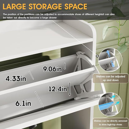 Maupvit Shoe Cabinet with 2 Flip Drawers, Freestanding Shoe Cabinet Organizer with Metal Legs, Shoes Storage Cabinet for Entryway, Narrow Shoe Rack Cabinet, White