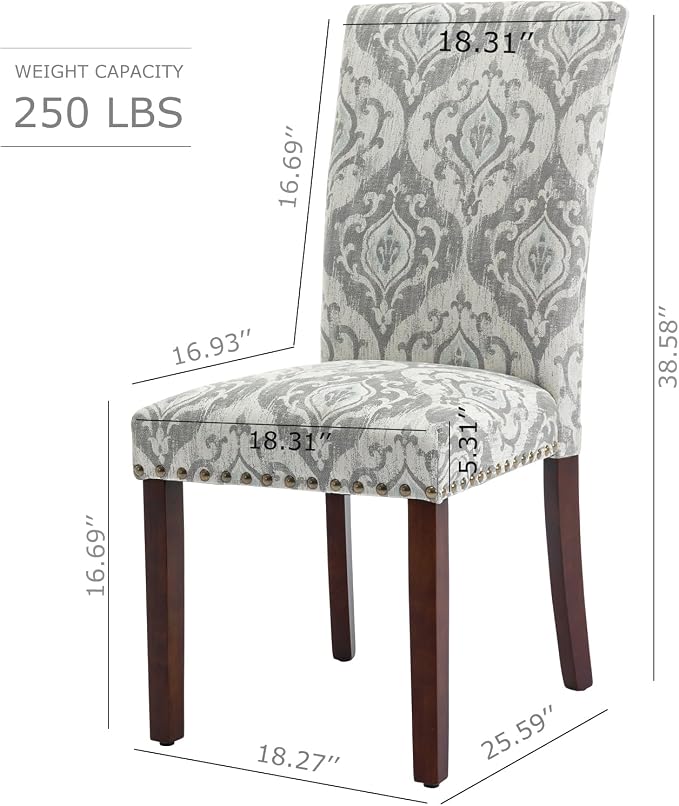 COLAMY Upholstered Parsons Dining Chairs Set of 2, Fabric Dining Room Kitchen Side Chair with Nailhead Trim and Wood Legs - Grey/White Flower